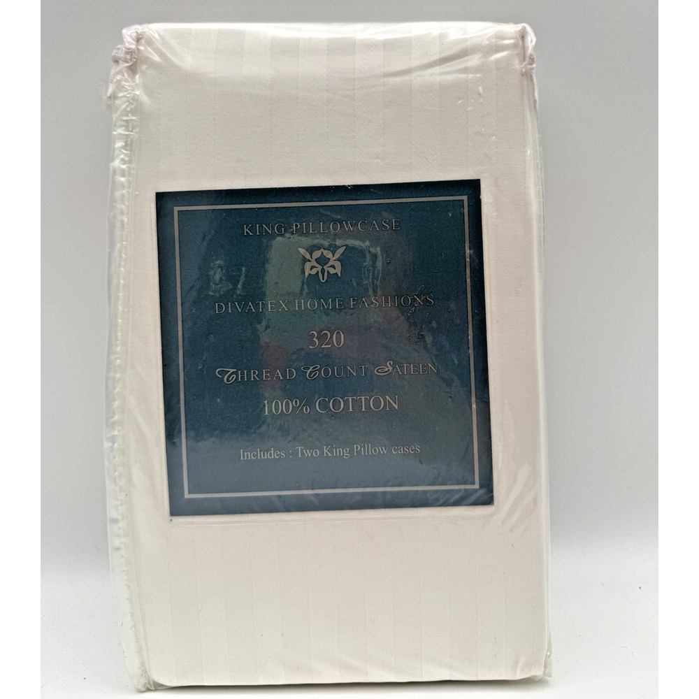KING Pillowcases Pair (2) Divatex 320 TC White Stripe Classic Factory Sealed NIP